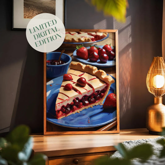 Printable wall art of a vibrant cherry and strawberry pie slice on a blue plate, styled with whole cherries and strawberries, perfect for kitchen or dining room decor