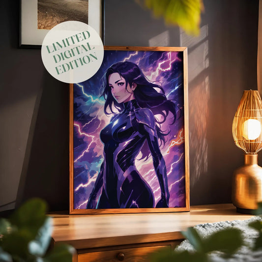 Powerful anime female warrior surrounded by purple lightning, futuristic fantasy printable wall art, neon cyberpunk aesthetic digital download, dramatic electric energy illustration