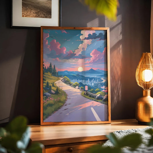 Scenic printable wall art featuring a winding mountain road at sunset, overlooking a serene cityscape with glowing skies, pine trees, and vibrant pink clouds - ideal for travel and nature-inspired home decor