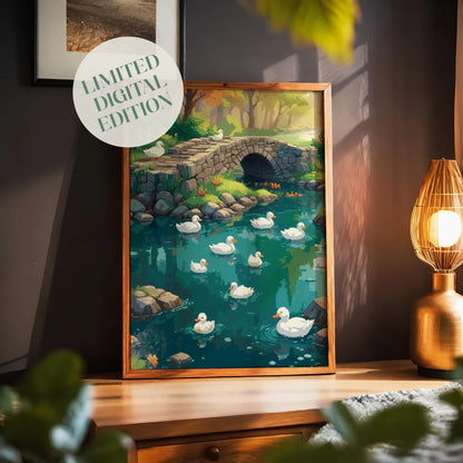 Peaceful nature scene featuring a group of white ducks swimming in a clear blue pond surrounded by rocks and greenery. A charming stone bridge crosses the water, with soft sunlight filtering through the trees, creating a warm and tranquil countryside atmosphere.