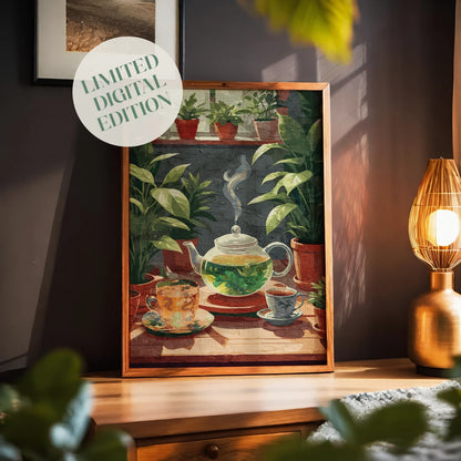 Cosy printable wall art featuring a steaming glass teapot with herbal tea, surrounded by teacups and lush potted plants in a warm, sunlit indoor garden setting, perfect for kitchen or cafe decor