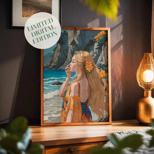 Elegant digital painting of a blonde woman in a floral robe standing by the ocean, surrounded by cliffs and yellow flowers, coastal boho wall art print