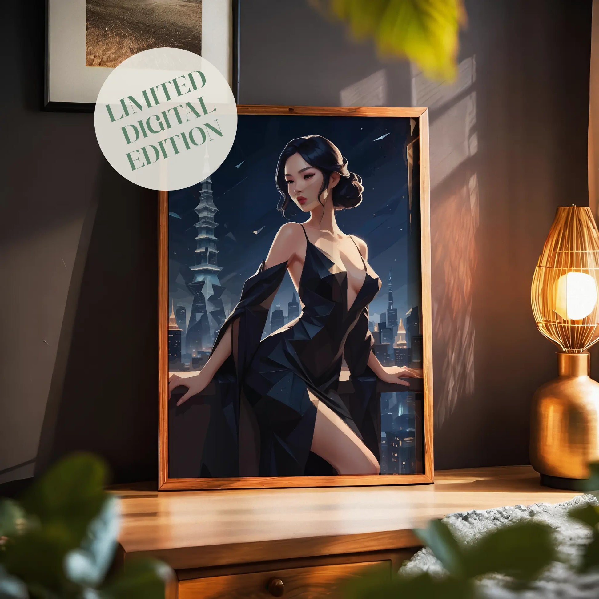 Elegant digital wall art of a woman in a sleek black dress posing on a balcony overlooking a futuristic city skyline at night