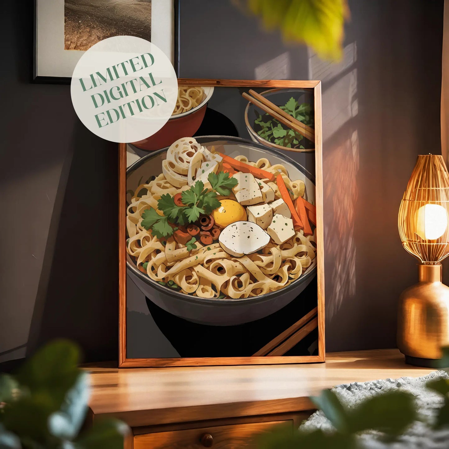 Printable wall art of a colorful bowl of noodles topped with tofu, egg yolk, vegetables, lotus root, and fresh herbs, styled with chopsticks and side dishes, perfect for kitchen or dining room decor with a foodie vibe.