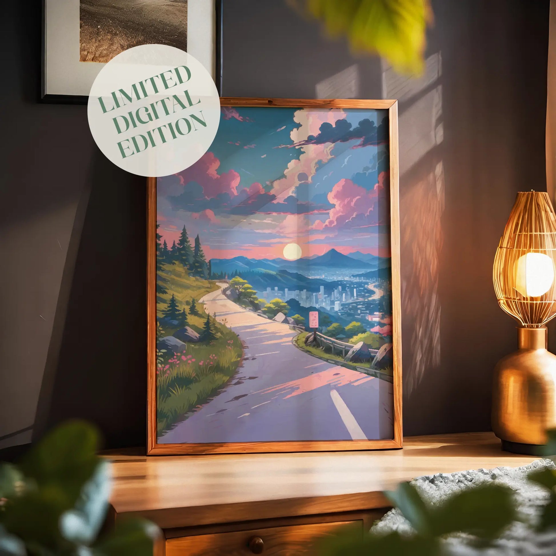 Scenic printable wall art featuring a winding mountain road at sunset, overlooking a serene cityscape with glowing skies, pine trees, and vibrant pink clouds - ideal for travel and nature-inspired home decor