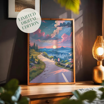 Scenic printable wall art featuring a winding mountain road at sunset, overlooking a serene cityscape with glowing skies, pine trees, and vibrant pink clouds - ideal for travel and nature-inspired home decor