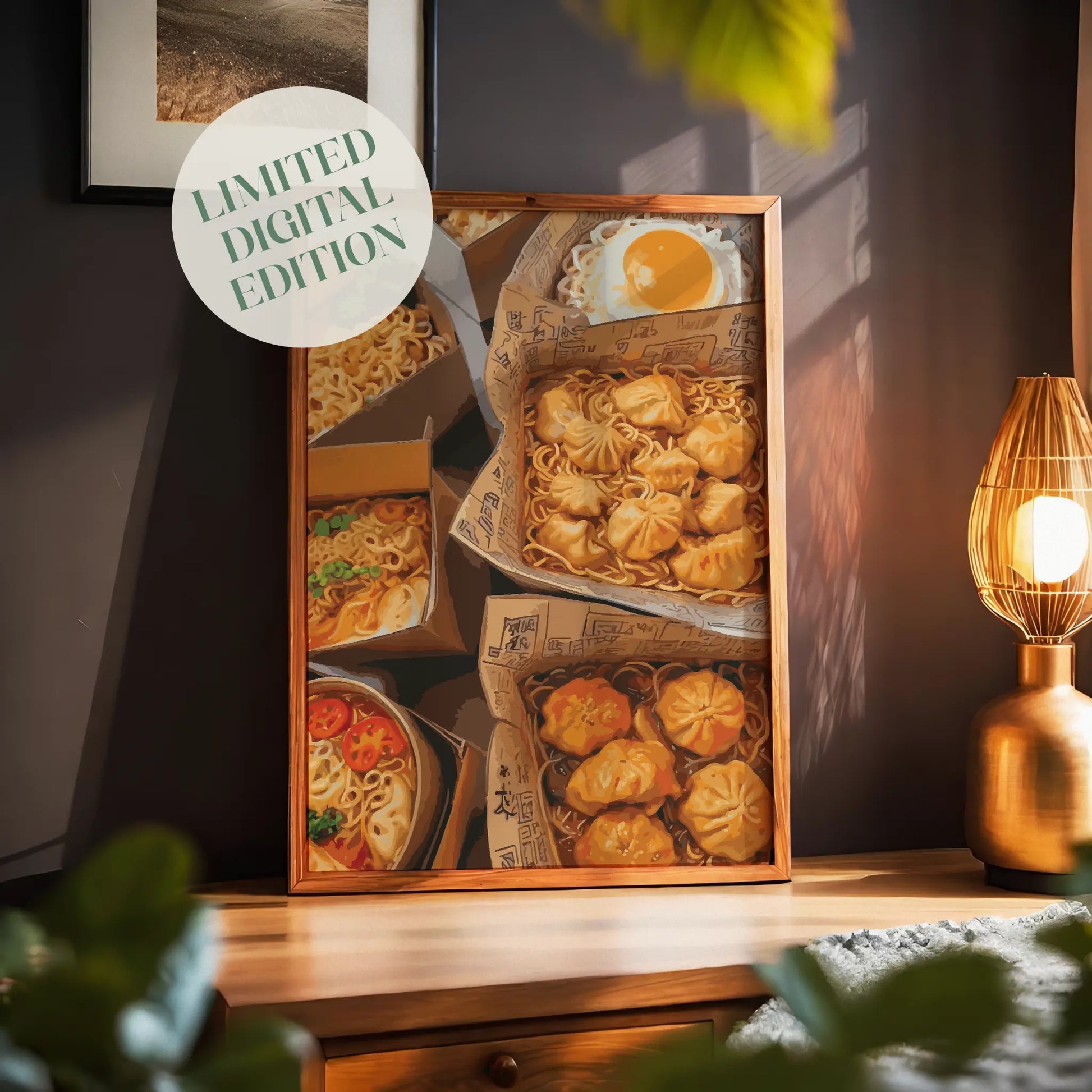 Vibrant food illustration featuring takeout boxes filled with Asian cuisine, including noodles, dumplings, and a fried egg. The warm colours and detailed textures create a mouthwatering, cosy street-food vibe perfect for kitchen or dining room wall art.
