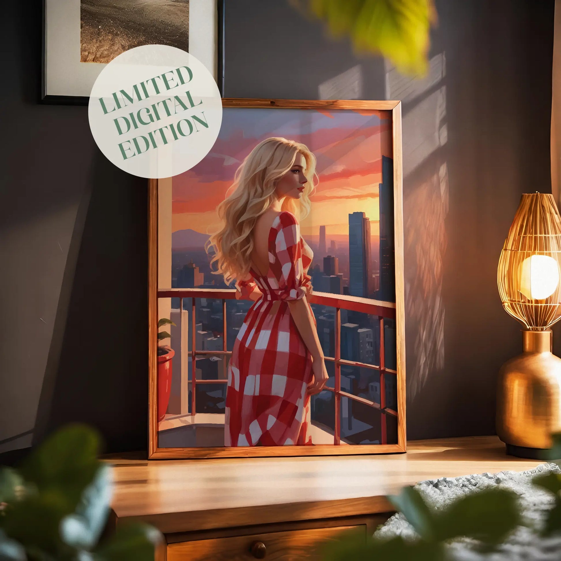 Stylish digital artwork of a blonde woman in a red checkered dress gazing over a modern city skyline at sunset from a balcony, elegant fashion-inspired printable wall art