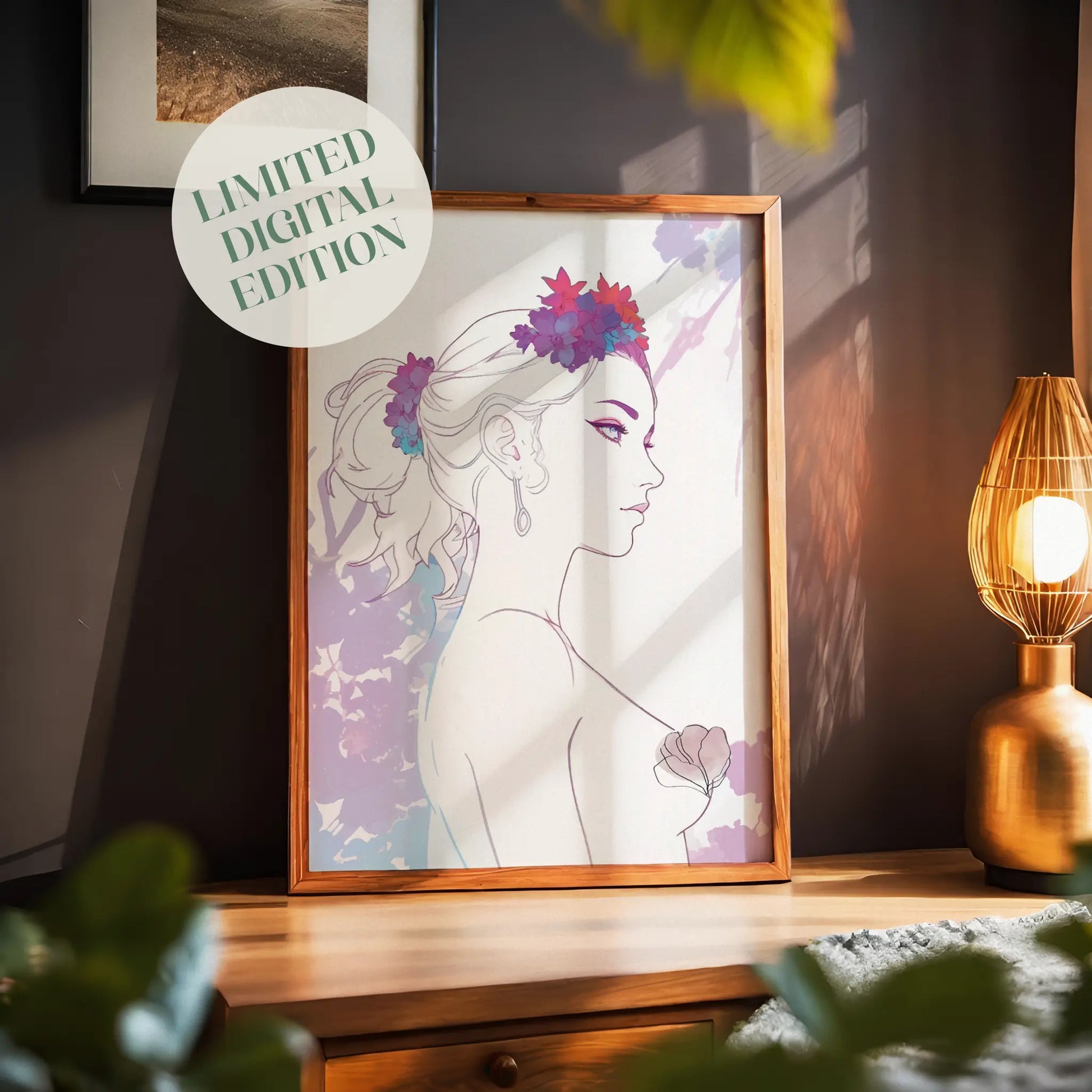 Minimalist feminine line art of a woman in profile adorned with vibrant floral crown and soft watercolor accents - elegant printable wall art ideal for boho, chic, or modern decor themes."