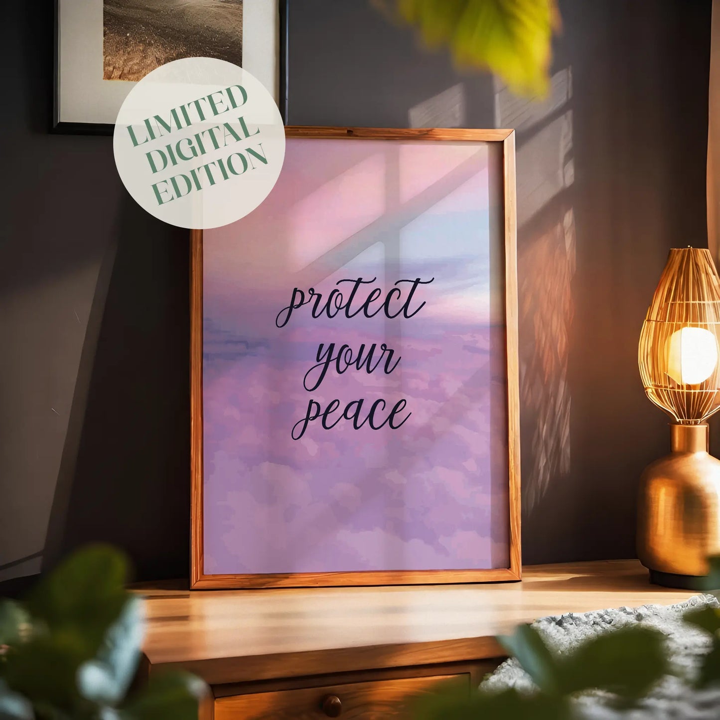 Serene printable wall art featuring the handwritten-style quote 'Protect your peace' in elegant black script over a dreamy pastel sky and clouds background with soft light reflections, perfect for self-care spaces, meditation rooms, or calming home decor