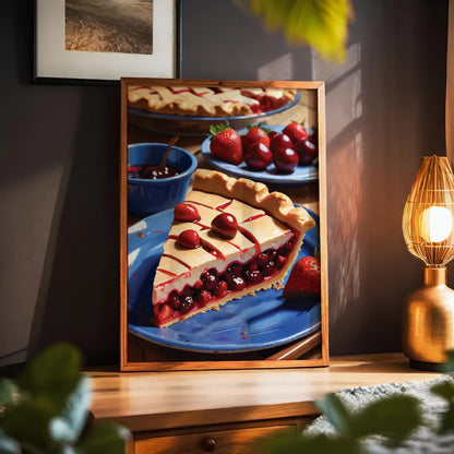 Printable wall art of a vibrant cherry and strawberry pie slice on a blue plate, styled with whole cherries and strawberries, perfect for kitchen or dining room decor