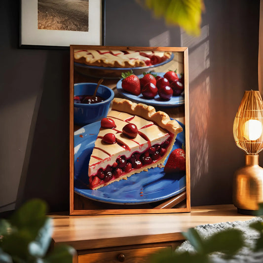 Printable wall art of a vibrant cherry and strawberry pie slice on a blue plate, styled with whole cherries and strawberries, perfect for kitchen or dining room decor