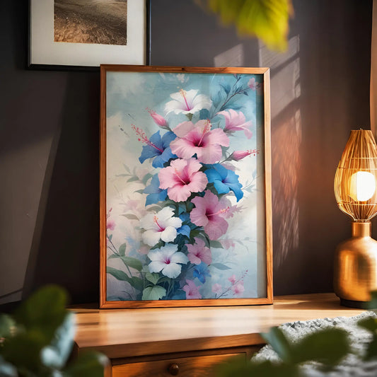 Elegant watercolor-style floral illustration featuring vibrant pink, blue, and white hibiscus blooms, perfect as printable wall art for botanical lovers and nature-inspired decor themes.
