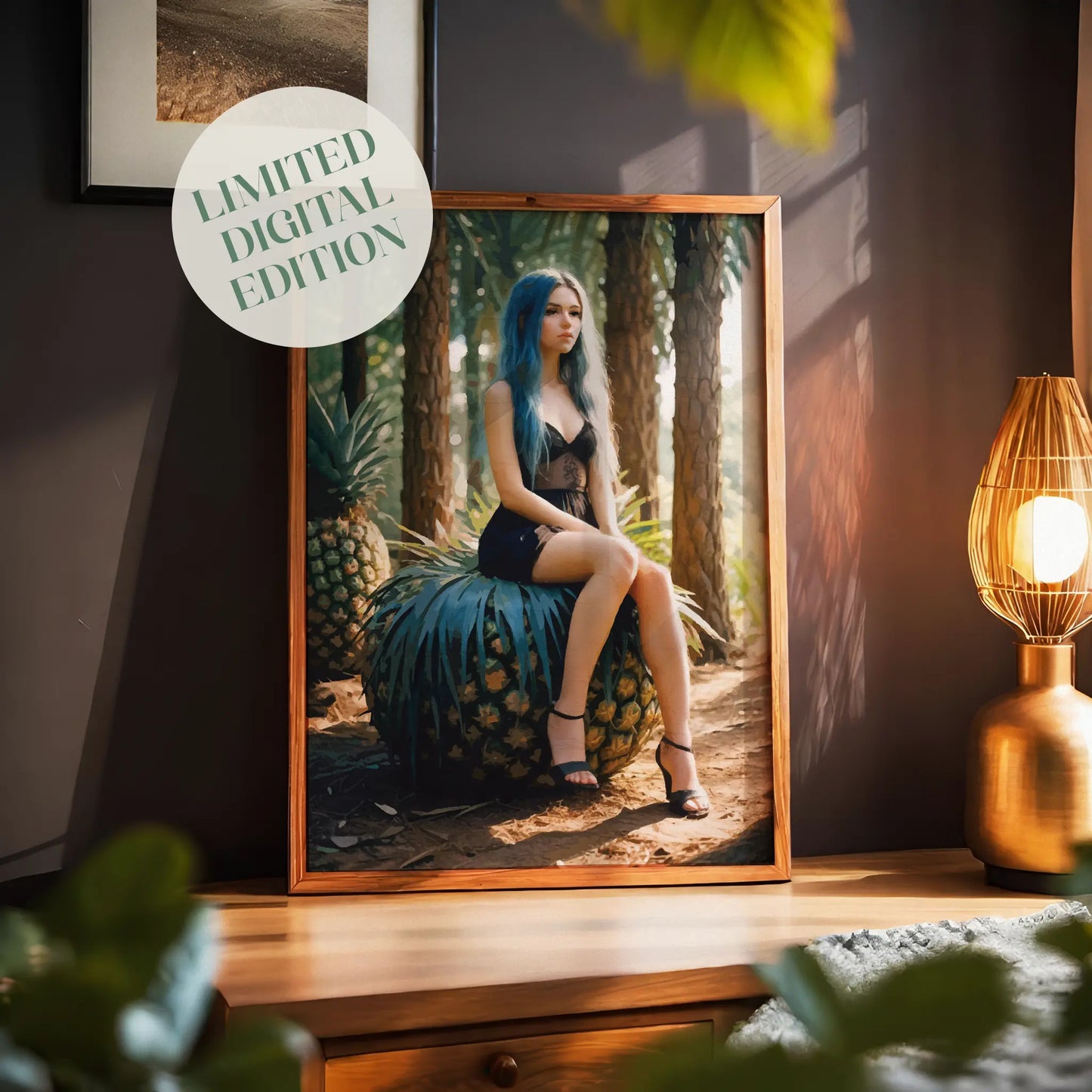 Moody artistic portrait of a woman with long blue hair sitting on a large pineapple in a sunlit forest. She wears a black lace dress and heels, surrounded by tall trees and lush greenery, creating a surreal, whimsical, and slightly mysterious atmosphere with tropical and fantasy elements. Printable Wall Art. Digital Download.