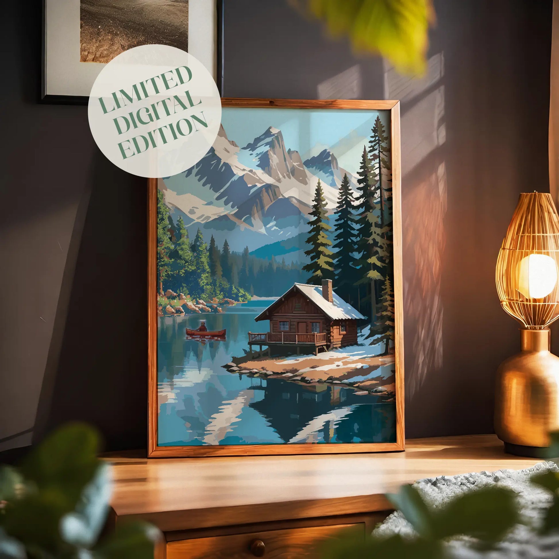 Rustic winter cabin printable wall art featuring a cozy log cabin on the edge of a tranquil lake, surrounded by snow-dusted pine trees and dramatic snow-covered mountain peaks, with a red canoe gliding across the water, perfect for cabin, adventure, or nature-inspired decor