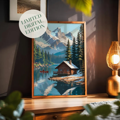 Rustic winter cabin printable wall art featuring a cozy log cabin on the edge of a tranquil lake, surrounded by snow-dusted pine trees and dramatic snow-covered mountain peaks, with a red canoe gliding across the water, perfect for cabin, adventure, or nature-inspired decor