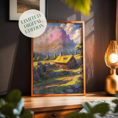 Printable wall art of a cozy wooden cabin with a yellow roof nestled in a sunlit meadow, surrounded by wildflowers, trees, and rocky hills, with majestic pink and purple mountains in the background, perfect for rustic and fantasy-inspired home decor