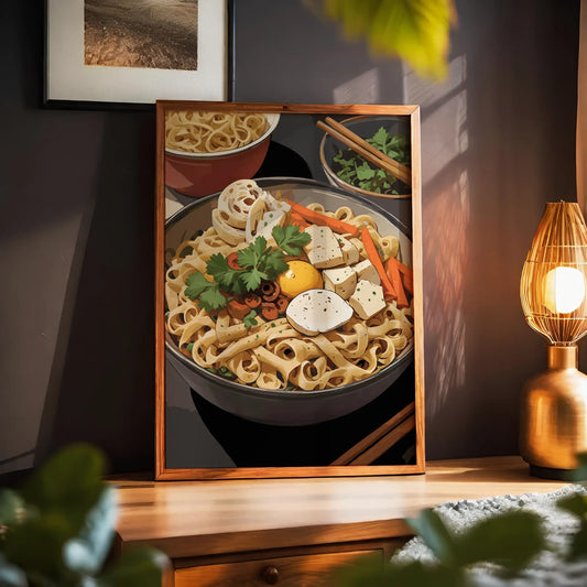 Printable wall art of a colorful bowl of noodles topped with tofu, egg yolk, vegetables, lotus root, and fresh herbs, styled with chopsticks and side dishes, perfect for kitchen or dining room decor with a foodie vibe.