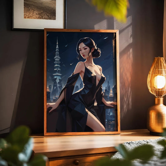 Elegant digital wall art of a woman in a sleek black dress posing on a balcony overlooking a futuristic city skyline at night