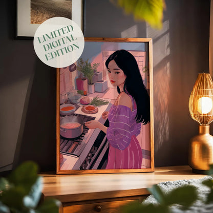Stylish illustration of a woman cooking in a modern kitchen bathed in warm pink and purple tones. She wears an off-shoulder striped top and long skirt while stirring a pot on the stove, surrounded by herbs, vegetables, and kitchen utensils, creating a cozy and artistic home atmosphere.