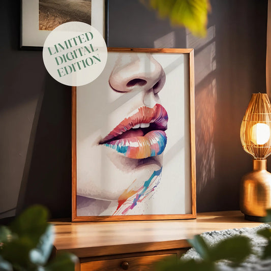 Close-up artistic portrait of glossy lips painted in a vibrant rainbow gradient of red, orange, yellow, blue, and purple tones. Soft splashes of colour extend below the lips, creating a bold, modern, and expressive pop-art style composition on a clean white background.