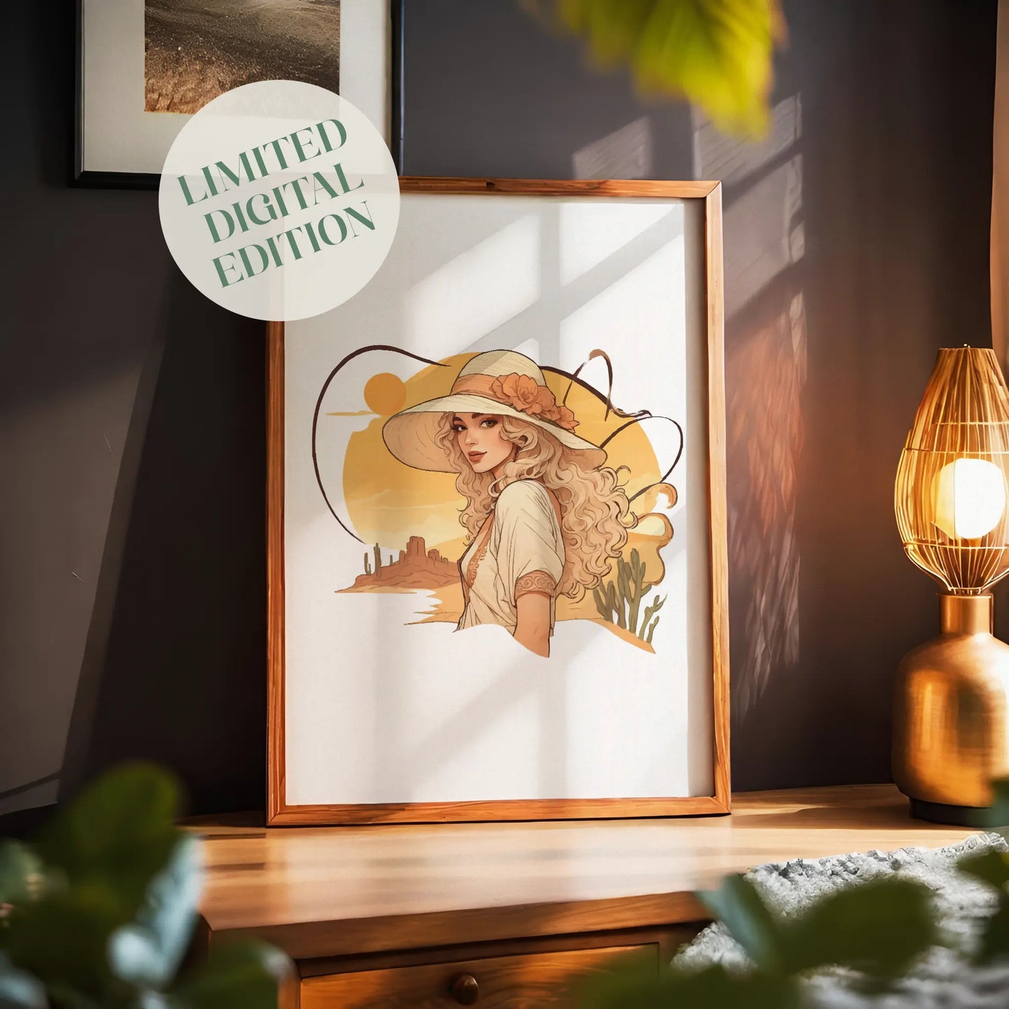 Boho-style digital wall art of a woman with flowing blonde hair wearing a wide-brimmed hat adorned with a flower, set against a warm desert sunset with cacti and mesas