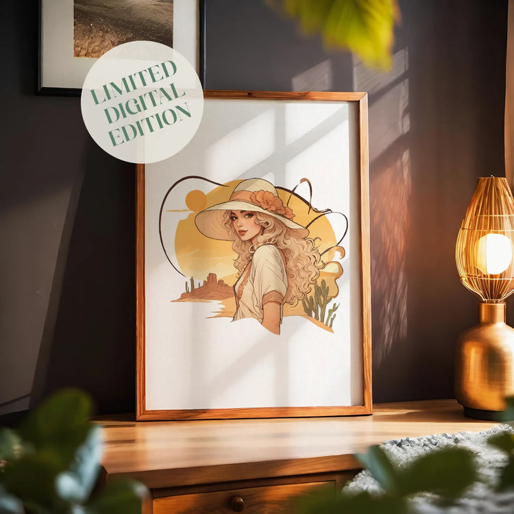 Boho-style digital wall art of a woman with flowing blonde hair wearing a wide-brimmed hat adorned with a flower, set against a warm desert sunset with cacti and mesas