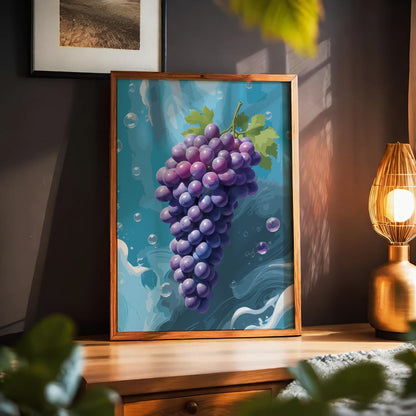 Printable wall art featuring a vibrant bunch of purple grapes with green leaves against a refreshing blue water-inspired background with bubbles, perfect for kitchen, dining room, or wine-themed decor.