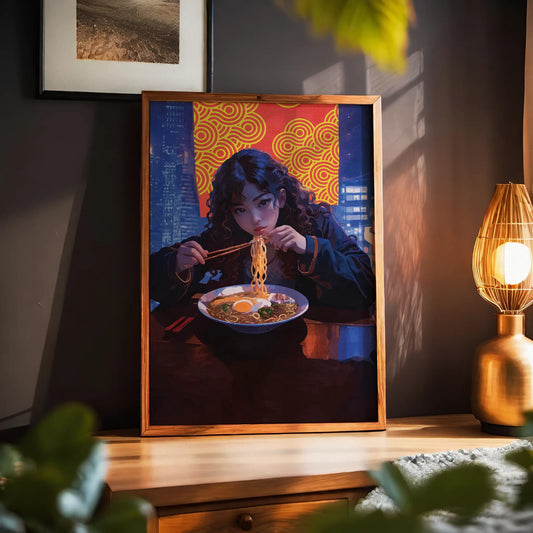 Digital wall art of a young woman eating ramen with chopsticks at a night city restaurant, featuring a glowing red and yellow patterned backdrop and neon-lit urban skyline