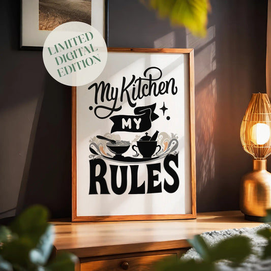 My Kitchen My Rules typography quote with cooking bowl and utensils illustration, farmhouse kitchen printable wall art digital download