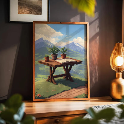 Scenic mountain view printable wall art featuring a rustic wooden table with potted plants and an open book, set against a breathtaking backdrop of lush green valleys and snow-capped peaks under a bright blue sky