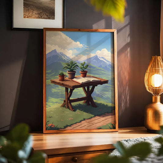 Scenic mountain view printable wall art featuring a rustic wooden table with potted plants and an open book, set against a breathtaking backdrop of lush green valleys and snow-capped peaks under a bright blue sky
