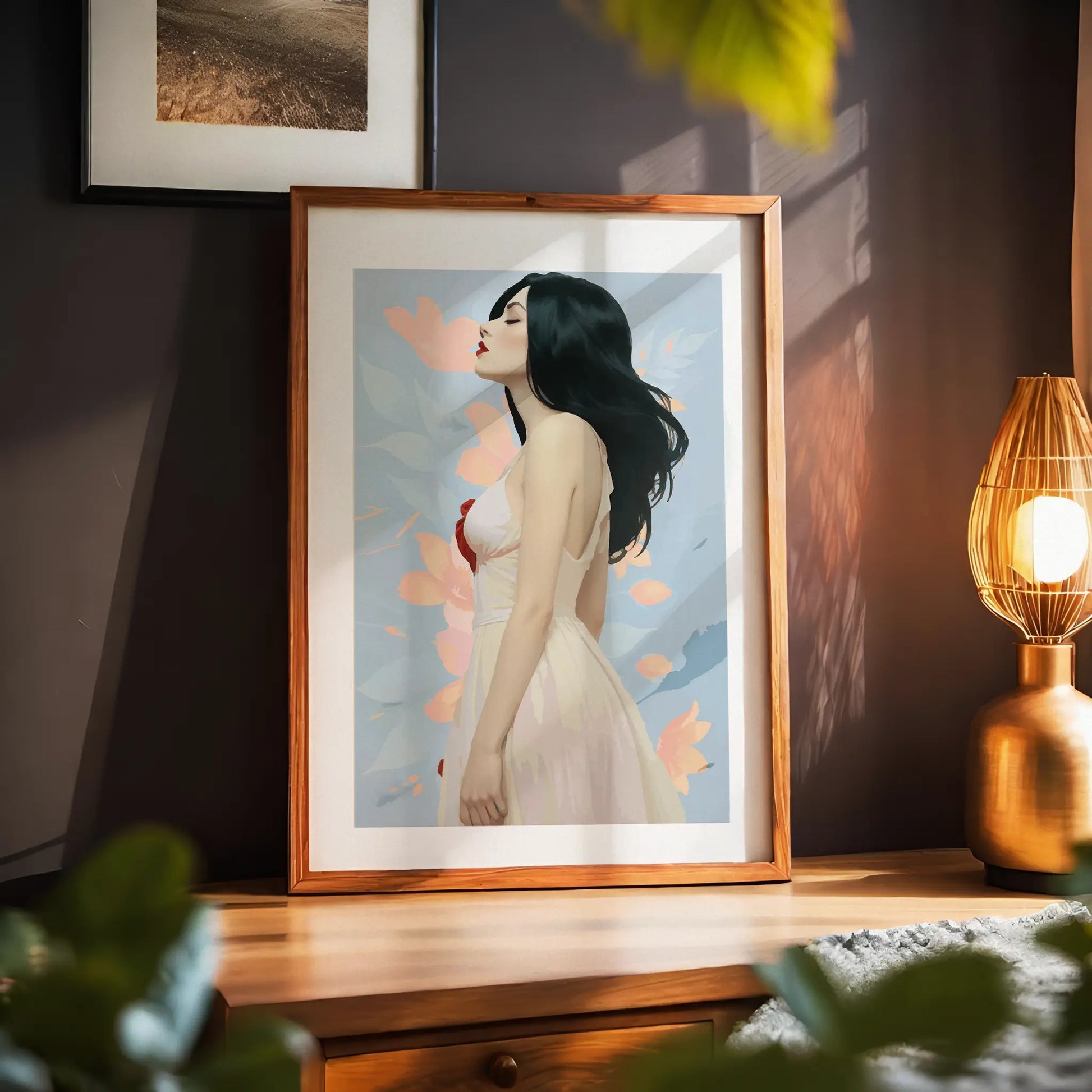 Printable wall art of a graceful woman in a flowing white dress with dark hair, set against a soft pastel floral background, perfect for modern, feminine home decor