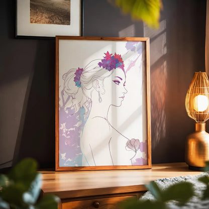 Minimalist feminine line art of a woman in profile adorned with vibrant floral crown and soft watercolor accents - elegant printable wall art ideal for boho, chic, or modern decor themes."
