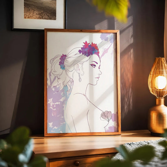 Minimalist feminine line art of a woman in profile adorned with vibrant floral crown and soft watercolor accents - elegant printable wall art ideal for boho, chic, or modern decor themes."
