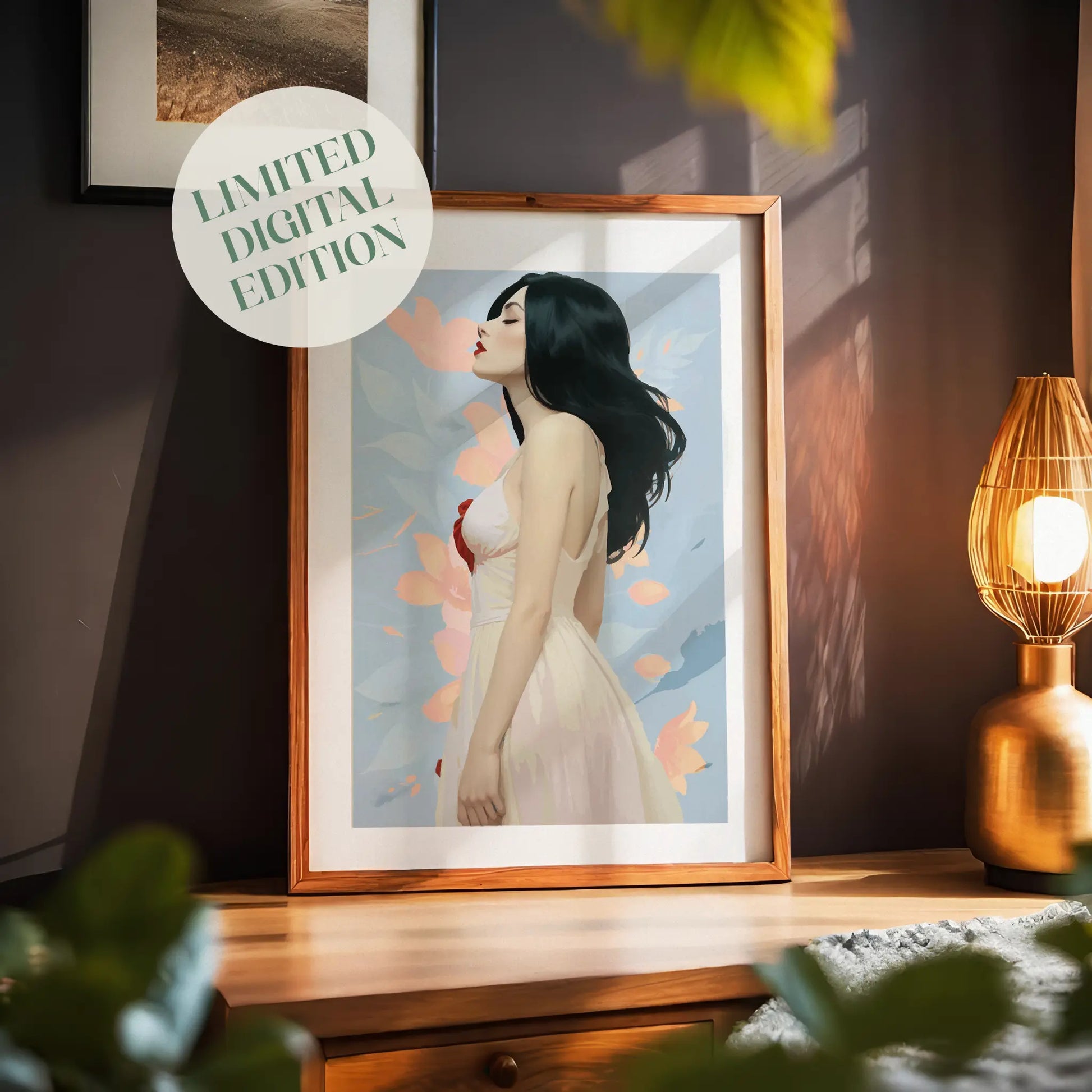 Printable wall art of a graceful woman in a flowing white dress with dark hair, set against a soft pastel floral background, perfect for modern, feminine home decor