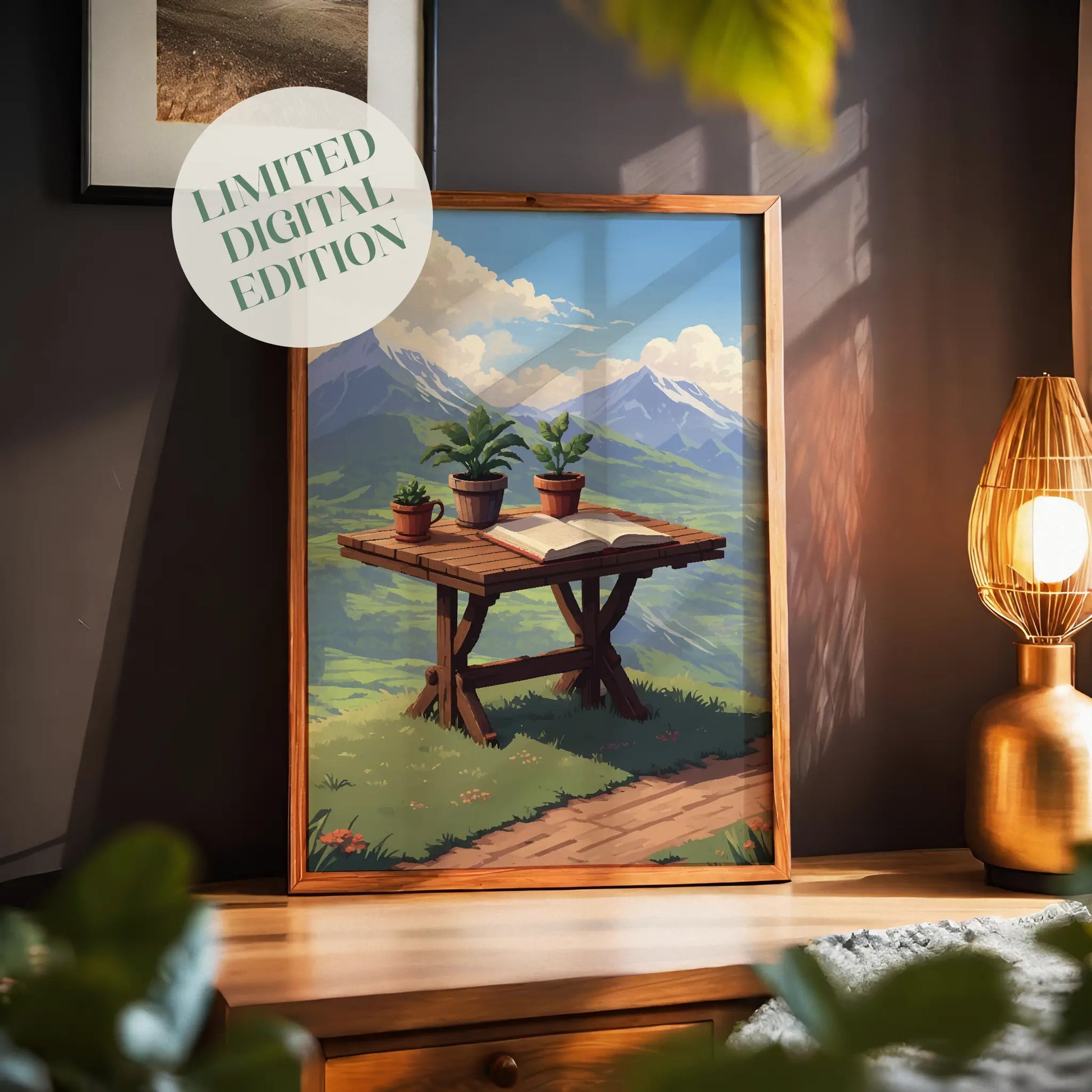 Scenic mountain view printable wall art featuring a rustic wooden table with potted plants and an open book, set against a breathtaking backdrop of lush green valleys and snow-capped peaks under a bright blue sky