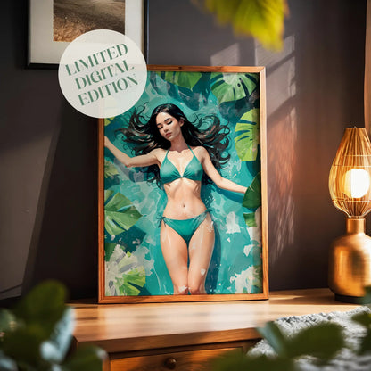 Serene illustration of a woman in a turquoise bikini floating peacefully in clear blue water surrounded by lush green tropical leaves. Her eyes are closed, and her long dark hair flows gently around her, creating a calm, summery, and tranquil atmosphere.