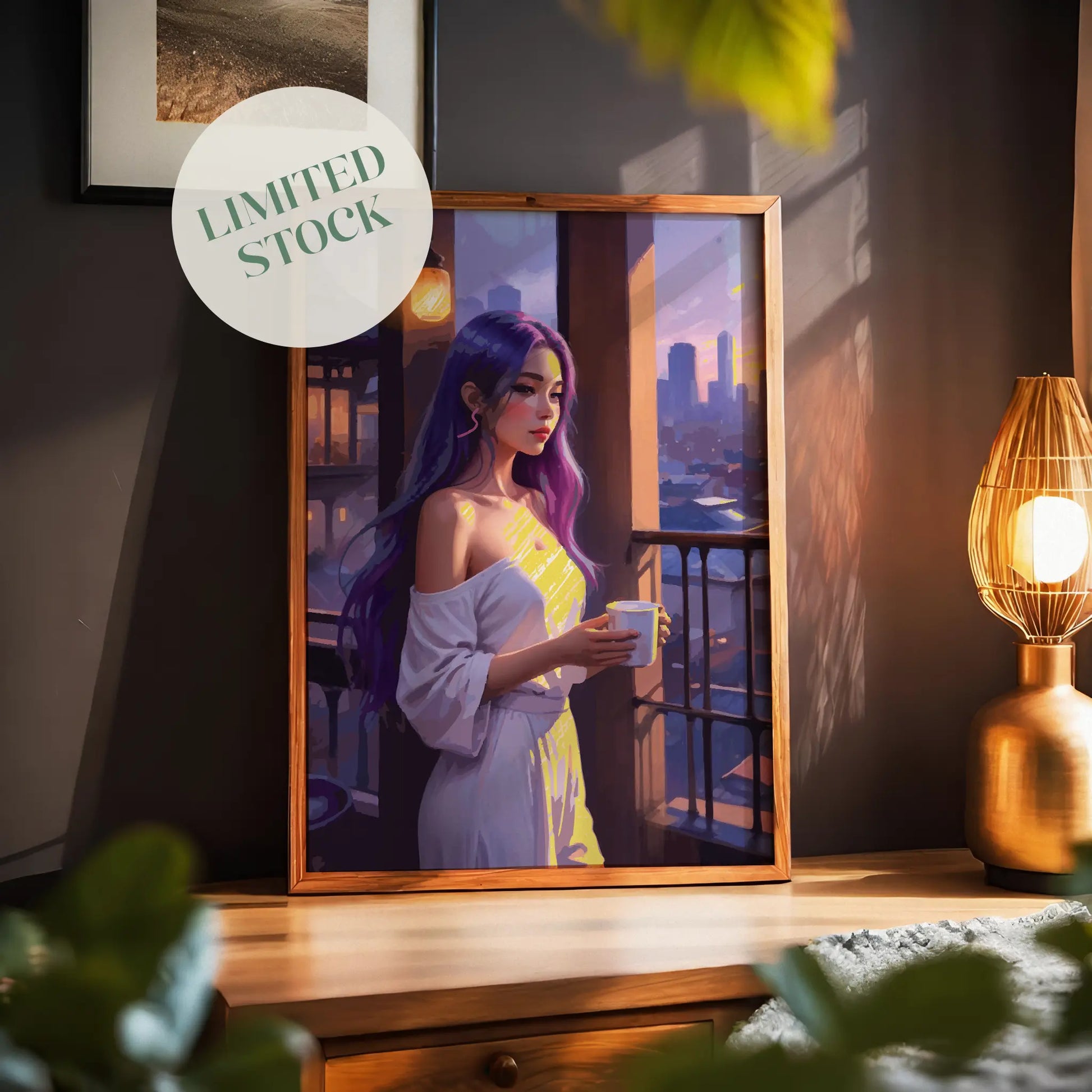 Dreamy illustration of a woman with long purple hair standing on a balcony at sunset, holding a cup of coffee. She wears an off-shoulder white outfit as warm golden light casts soft highlights on her face and clothes. The city skyline glows in the distance, creating a calm and reflective evening atmosphere.