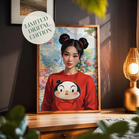 Stylized digital portrait of an Asian girl with double buns and a red cartoon sweatshirt, set against a dreamy, colorful landscape, vibrant printable wall art