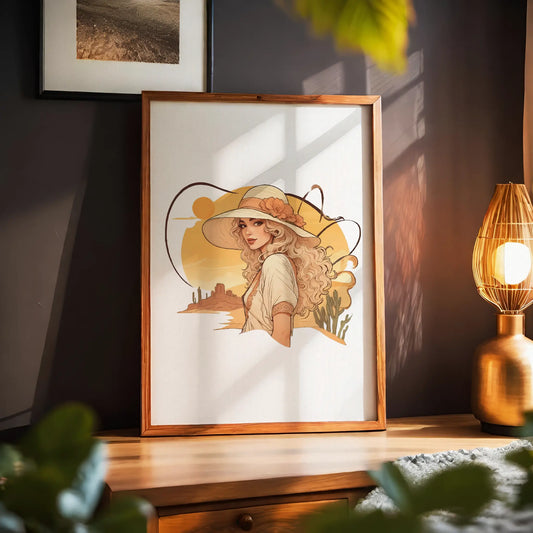 Boho-style digital wall art of a woman with flowing blonde hair wearing a wide-brimmed hat adorned with a flower, set against a warm desert sunset with cacti and mesas