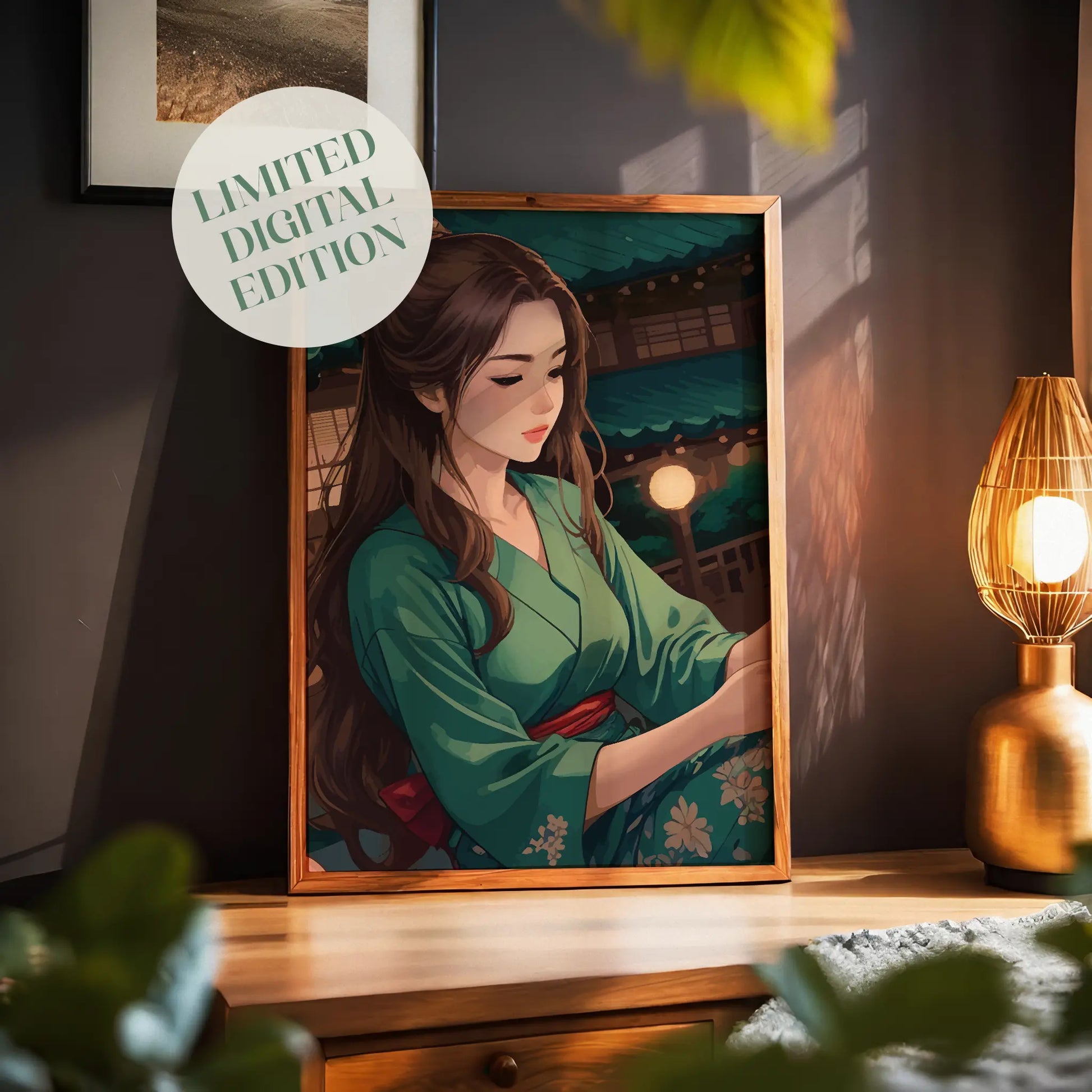 Elegant digital artwork of a woman in a green kimono under lantern lights, set in a serene traditional Japanese evening scene - printable wall art for cultural and aesthetic interiors