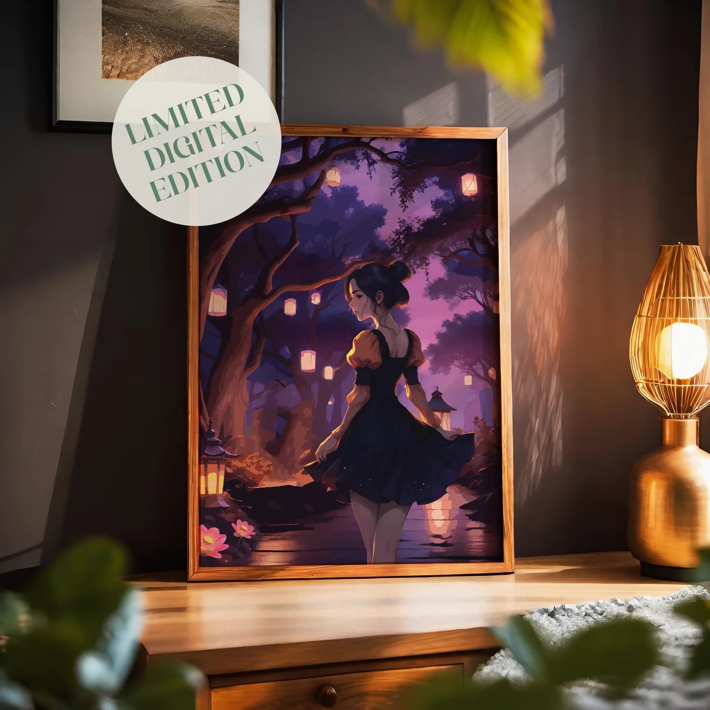 Enchanting digital artwork of a woman in a black dress walking through a magical lantern-lit forest at twilight - dreamy printable wall art perfect for whimsical or fantasy-themed decor