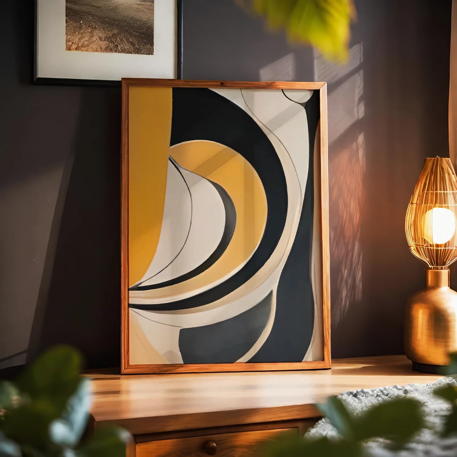 Abstract geometric wall art featuring bold curved shapes in mustard yellow, charcoal grey, beige, and off-white tones. The flowing lines and layered arcs create a modern, mid-century inspired composition with a sense of movement and balance.