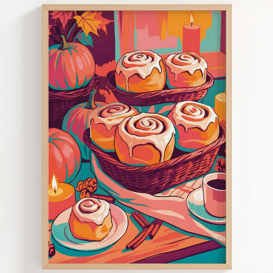 Bold illustrated kitchen wall art with iced cinnamon rolls in wicker baskets, surrounded by pumpkins, glowing candles, cinnamon sticks, and a coffee cup in warm autumn tones