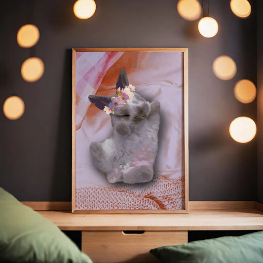 Adorable watercolor-style illustration of a sleeping bunny with closed eyes, resting on soft pink bedding and wearing a floral crown, a charming and cozy print for nursery or animal-themed home decor