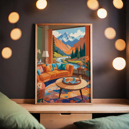 Interior scene featuring a colourful lounge with floral décor overlooking a river and mountain valley landscape