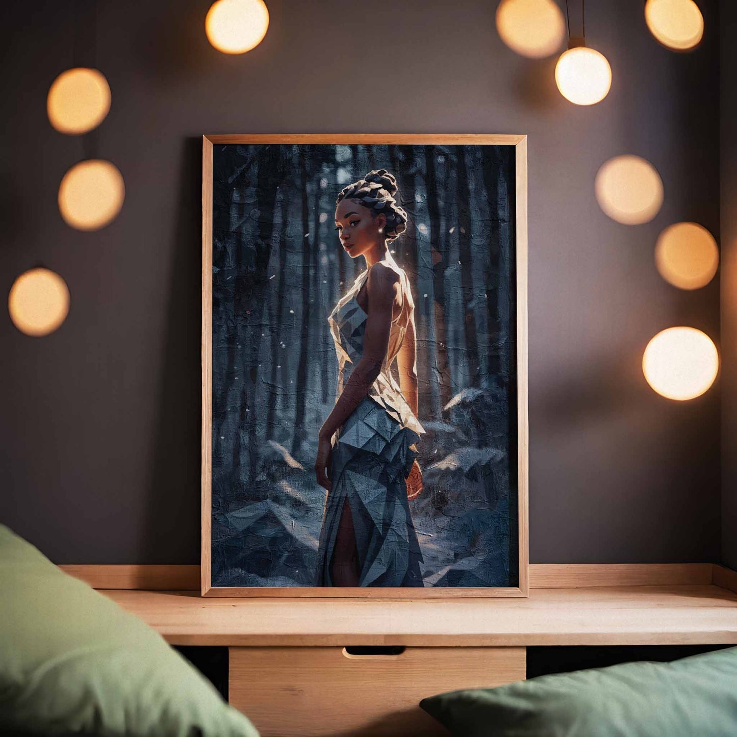 Atmospheric fantasy portrait of a woman with braided hair standing in a mystical forest at dusk