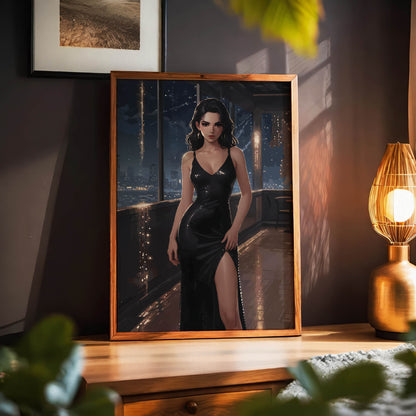 Sophisticated evening scene with a woman in a black dress surrounded by warm lights and urban night views