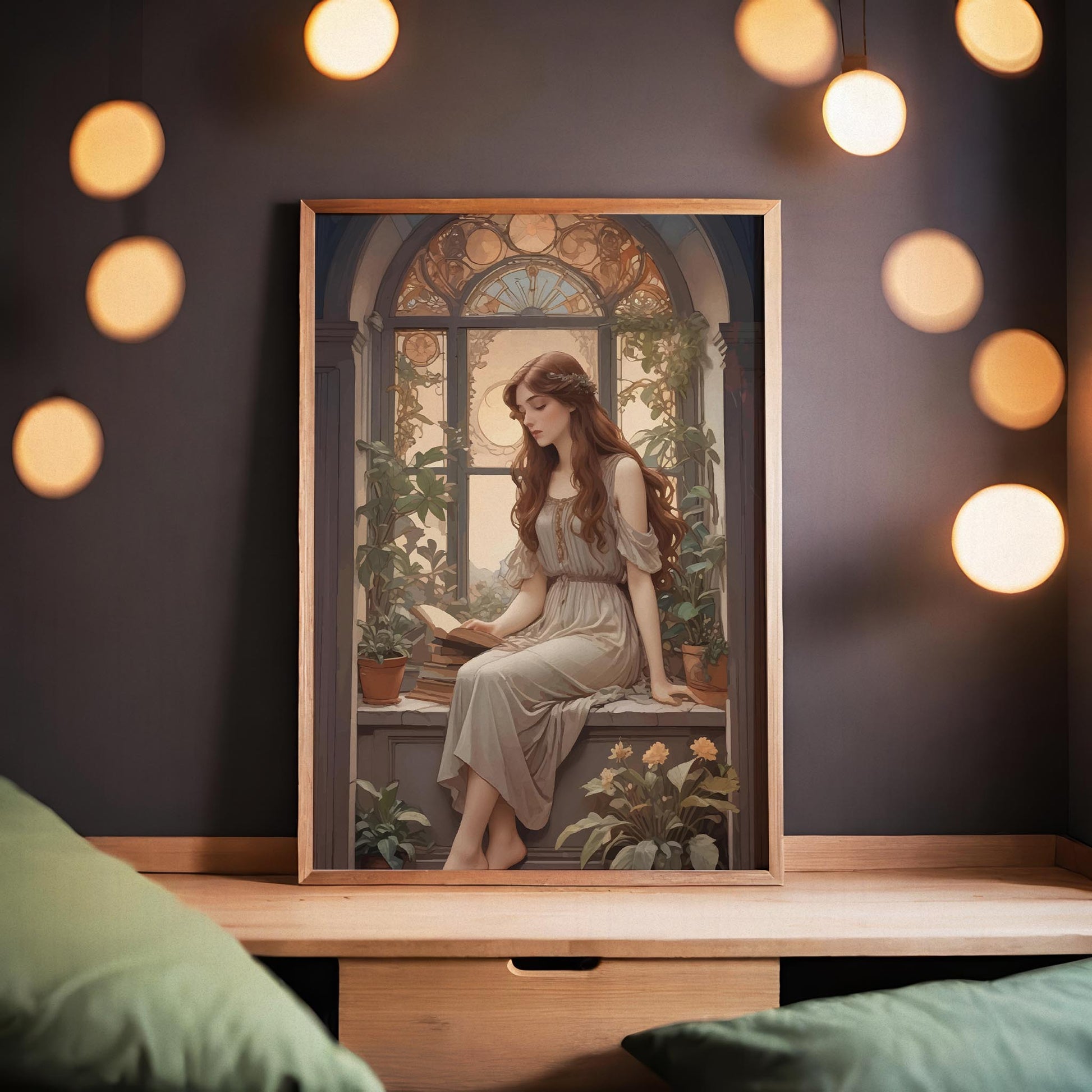 Romantic digital wall art of a young woman in a flowing dress reading a book by a vintage arched window, surrounded by lush potted plants and soft golden light